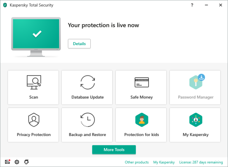 Giao diện phần mềm Kaspersky Total Security – bảo vệ toàn diện máy tính, diệt virus và chống mã độc hiệu quả