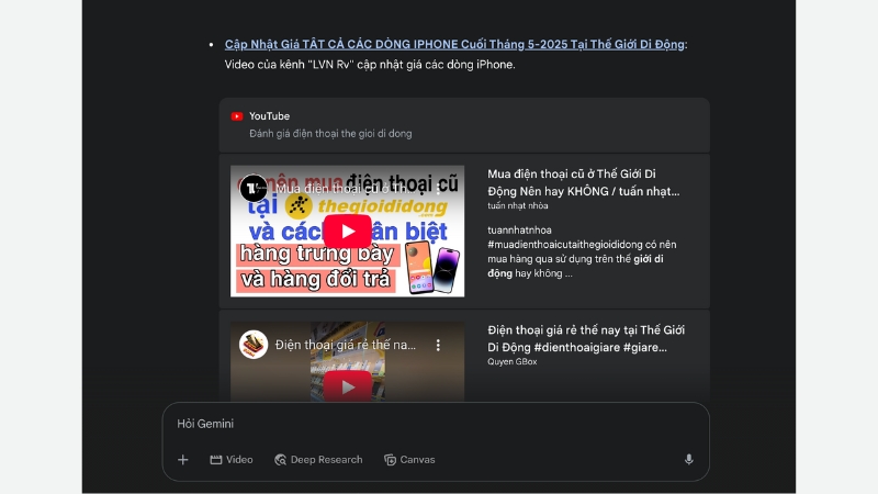 Tìm kiếm video YouTube trực tiếp trên Gemini